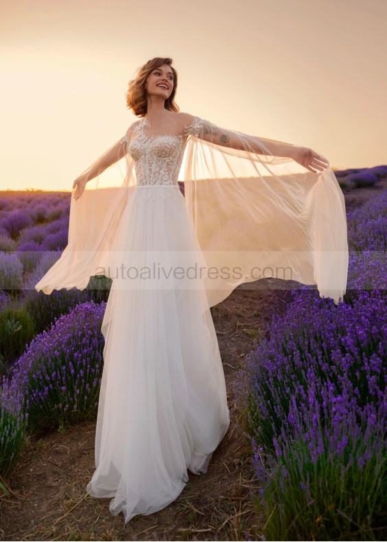 Open Sleeves Ivory Lace Tulle Fairytale Wedding Dress